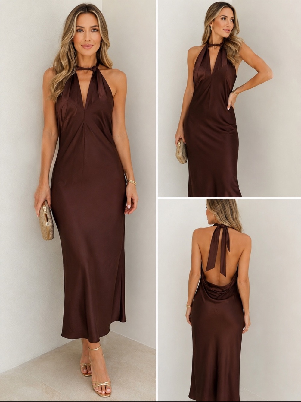 NWOT- Express Chocolate Brown satin Backless Halter Midi Dress. M